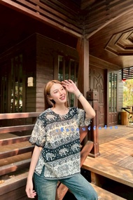 เสื้อคอกลมลายช้าง แขนสั้น ผ้าแมมเบิร์ต งานไทย 100% ไม่มีช้างกลับหัว