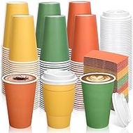 Whaline 60Pcs Fall Disposable Coffee Cups with Lids and Sleeves 12Oz Autumn Orange Yellow Green Pape
