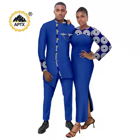 African Dresses for Women Matching Couple Outfits African Clothes Dashiki Formal Men Suits Brooch Ja