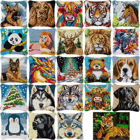 Christmas Reindeer Pillow Carpet Embroidery Pillow Case Animals Latch Hooking Kits Moss Rug Wolf Joy