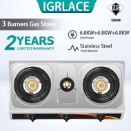 IGRLACE Gas Stove 3 Burners Stainless Steel Gas Stove Dapur gas 3 penunu dapur gas keluli tahan kara