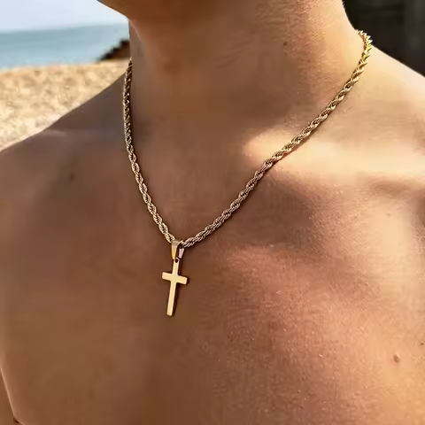 18K Gold Plated Cross Pendant Necklace Minimalist Gold Stainless Steel Necklace for Men Women