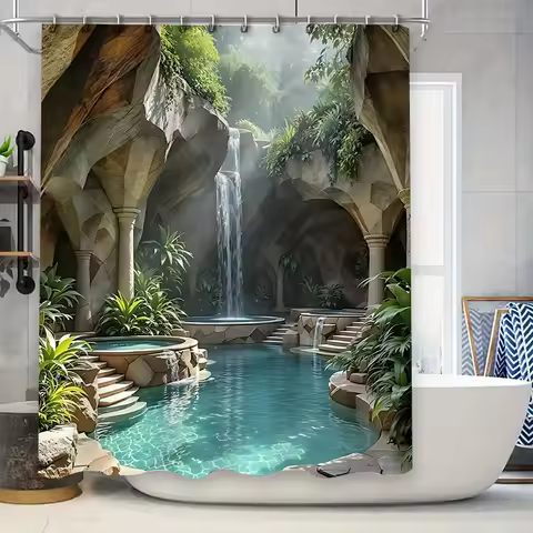 Exquisite Tropical Oasis Shower Curtain with Cascading Waterfall and Lush Greenery for Bathroom Deco
