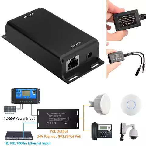 Compact Gigabit PoE Converter Transform 12-60VDC to 24V/48V 802.3af/at PoE Output, Up to 30W For CCT