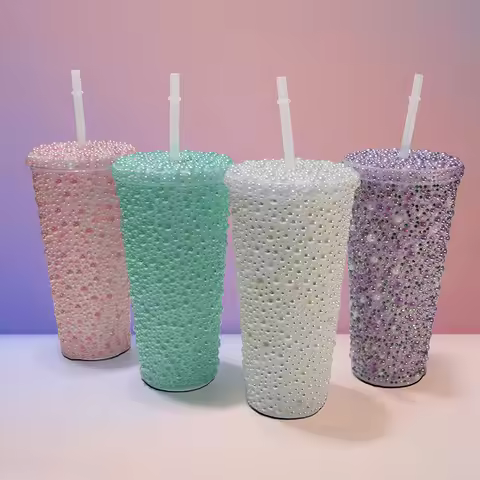 Sparkling rhinestone inlaid double-layer PS material with straw, durable and easy to clean coffee cu