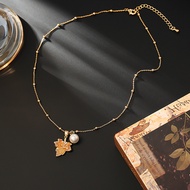 Vintage Gradient Crystal Maple Leaf Pearl Super Shiny Necklace