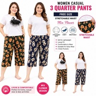 WOMEN CASUAL 3 QUARTER PANTS FREE SIZE STRETCHABLE WAIST MIX FLOWER.