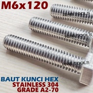 M6x120mm STAINLESS HEX BOLT 304 GRADE A2-70 KEY 10 PITCH 1.00 RUST RESISTANT M6