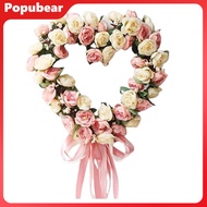 Heart Shaped Rose Wreath Valentines Day Artificial Rose Garland with Ribbons Front Door Floral Wreat