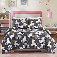 HollyHOME 3 Piece Full Size Bedding Comforter Sets for Teens and Girls, Pink Unicorn and Rainbow Bed