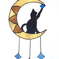 月亮上的黑貓彩色玻璃捕夢網萬聖節窗戶掛飾