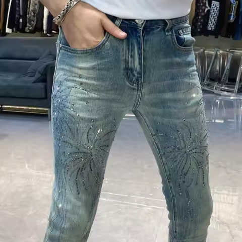 New Stylish Print Rhinestone Jeans Masculina Autumn Men Slim Fit Jeans Hombre Streetwear Jeans Hombr