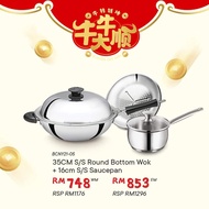 Buffalo 35cm Stainless Steel Wok Round Bottom +16cm S/S Saucepan