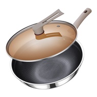 Household Non-Stick Wok Stainless Steel Double-Layer Honeycomb Frying Pan Flat Frying Pan Stand Pot Lid Wok with Steamer