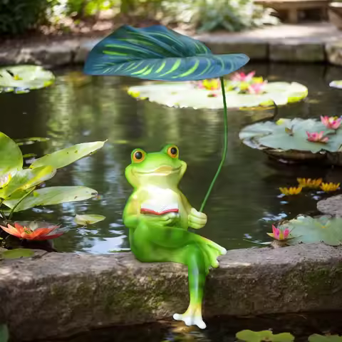 Reading Frog Garden Statue with Leaf Resin Funny Frog Drinking coffee Figurine Ornament for Garden Y