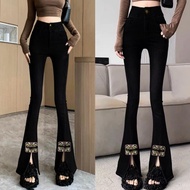 Womens pants 2024 summer elastic new high waist slimming slit fashion casual micro flared pants