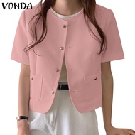 VONDA Women Korean Daily Casual Round Neck Open Placket Pockets Blazer