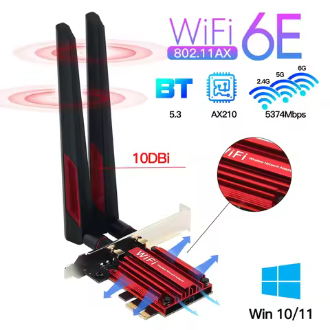 WiFi 6E AX210 PCIE WIFI Adapter 5374Mbps AX210NGW Wireless Bluetooth 5.3 Network Card 10dbi Antenna 