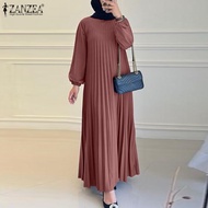 HijabFab ZANZEA Muslimah Women Muslim Dress Elegant Lantern Sleeve Maxi Dresses Plain A-Line Sundres