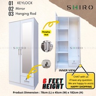 SHIRO 2 Door 1 Drawer Wardrobe with Mirror Keylock 2 Pintu Almari Baju Cermin Kunci Closet Cabinet Rak Baju White Color