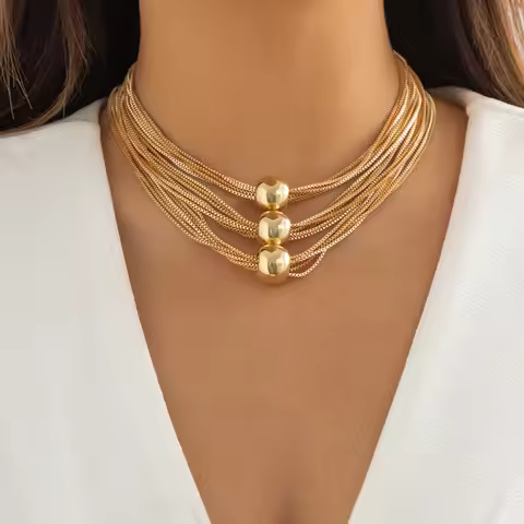 IngeSight.Z Multi Layered Exaggerated CCB Material Big Ball Choker Necklace For Women Vintage Gold C