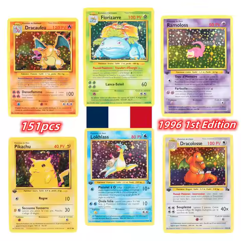 French 1996 1st Edition Pokemon Foil Flash Cards Pikachu Charizard Blastoise Venusaur Mewtwo Game Co