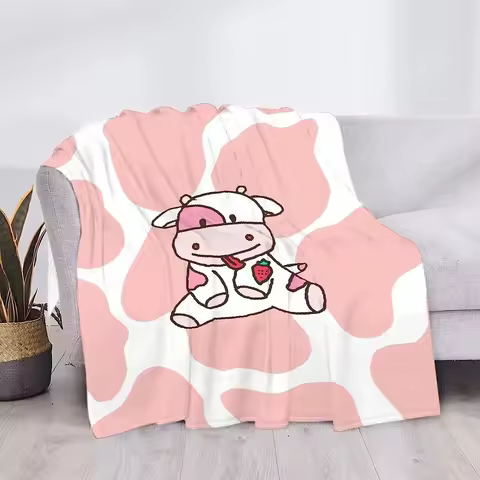 Selimut stroberi sapi merah muda, hadiah lempar untuk anak perempuan wanita bulu lembut ringan 30x40