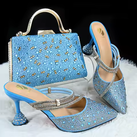 doershow High Quality African Style Ladies Shoes And Bags Set Latest sky blue Italian Shoes And Bag 