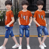 Summer Teenage Boys Clothes Suit Stripe Cotton T-shirt + Jeans Pant 2PCS Set Fashion Baby Kids Cloth
