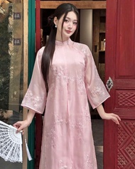 ÁO DÀI CÁCH TÂN NỮ LỤA TƠ 4 TÀ XẺ GIỮA THÊU HOA NHÍ MAY SẴN ÁO DÀI TRUYỀN THỐNG NỮ MẶC TẾT LỄ CƯỚI T