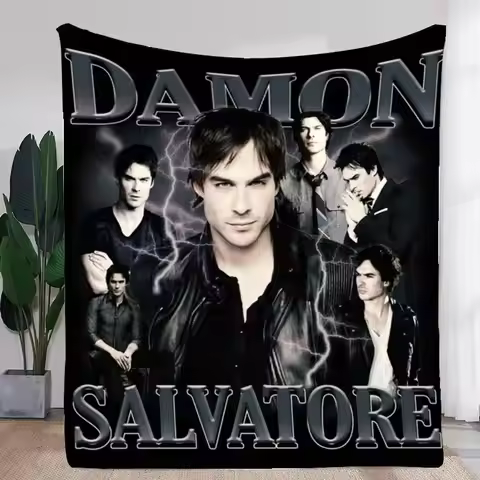 Damon Salvatore Fan Art Throw Blanket - Stunning Ian Somerhalder Design with Dramatic Lightning Effe