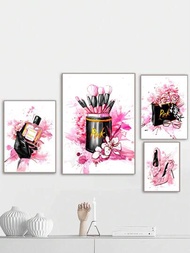 四幅現代粉色香水時尚化妝品高跟鞋袋帆布海報浪漫花卉女生房間裝飾美容沙龍藝術壁畫臥室家居裝飾帆布畫芯