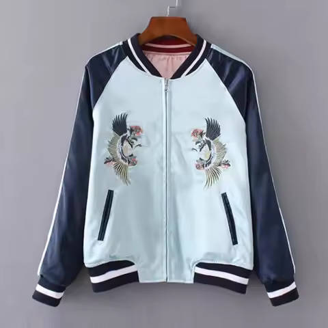 Double Sided Satin Baseball Jacket Women Sukajan Bomber Jacket Female Girls Embroidery Coat 2025 Spr
