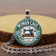 Foreign Trade Retro Sewing Machine Theme Style 2D Flat Pattern Glass Pendant Necklace Factory Direct