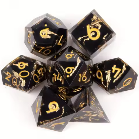 7 Pcs Black Golden Stripe Resin Golden Number Sharp Edge Dice Polyhedral Dice Suitable for Role-Play