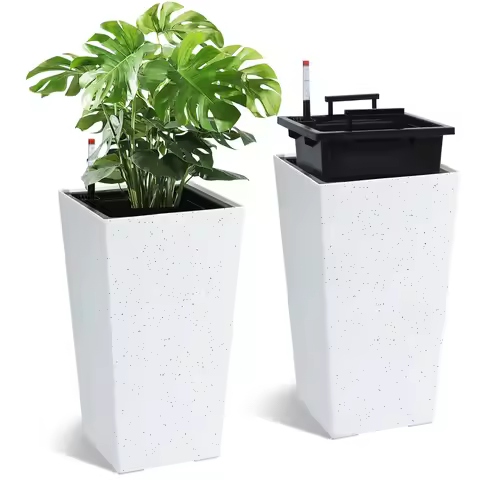 Set of 2 Modern Planters – Large Outdoor & Indoor Plant Pots with Self Watering System, Drainage Hol