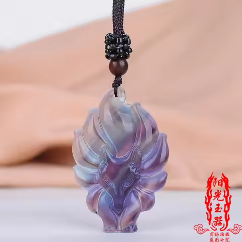 Natural Colour Jade crystal Nine Tailed Fox Pendant Necklace Jewellery Fashion Accessories Hand-Carv