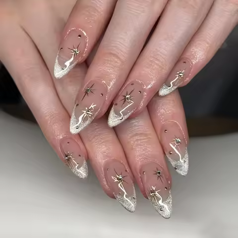 10PCS Almond Nail Press French Pointed Cat Eye Fake Nail With Rhinestone Design, Shiny Artificial Na