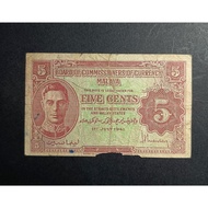 Malaya British Borneo Old Banknote King George VI 5 Cents Year 1941 (Circulated Original Condition -
