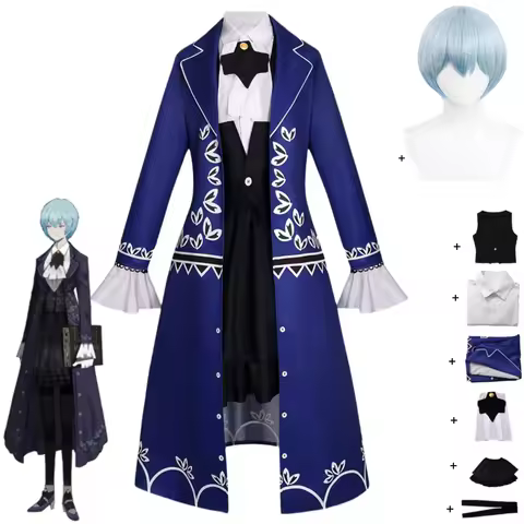 Game Library of Ruina Angela Cosplay Costume Evening Dress Blue Tuxedo Coat Vest Shirt Wig Man Woman