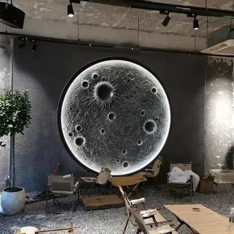 3D Three-Dimensional Relief Moon Lamp Wall Lamp Designer Creative Art Living Room Wall Hanging Round