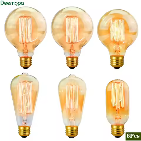 6pcs/lot Retro Edison Bulb C35 T45 ST64 G80 G95 A60 Filament Light 40W E27 Vintage Ampoule Incandesc