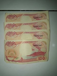 uang lama, uang kuno 100 rupiah 4 lembar no seri berurutan