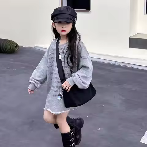 6-14Years Kids Long Sleeve Dresses for Girls Letter T Shirts Tops Children Fall Short Mini Dress Clo