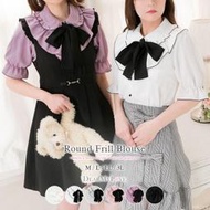 日單夢展望白底黑邊荷葉邊蝴蝶結公主袖短袖襯衫復古LARME少女日本日系日貨LOLITA蘿莉塔ANGELIC PRETTY