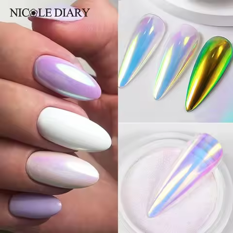 NICOLE DIARY Aurora Nail Powder White Pigment Pearl Rubbing Dust Effect Nail Art Glitter Manicure Na