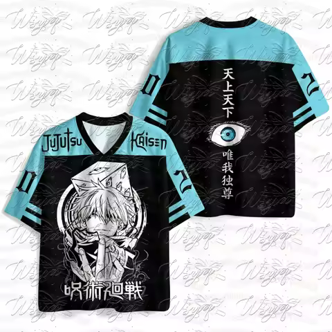 Summer Manga Style V Neck Hockey Jersey Unisex Jujutsu Kaisen Satoru Gojo Six Eyes Kanji Print Breat