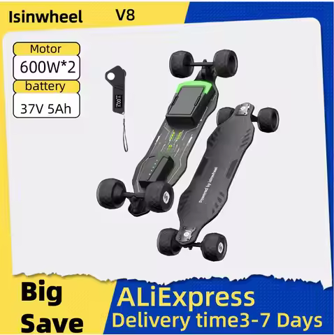 Isinwheel V8 Adult Electric Scooter 37V 5Ah Battery 600W*2 Dual Motor f-road wheels E-skateboard E-s