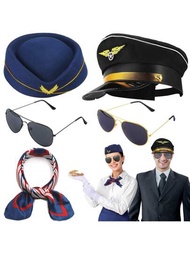 5入組機長和空姐裝配件套裝,帶有機長帽、太陽眼鏡和圍巾的空服員帽子,適用於角色扮演穿搭