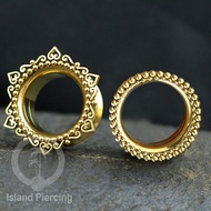 Gold Stainless Steel Tunnel Piercing Earrings with Heart and Ball Decoration